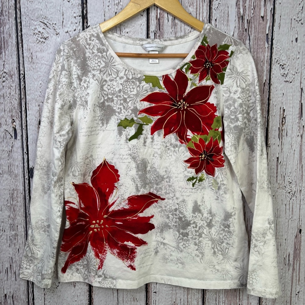 Christopher & Banks Women’s Medium Poinsettia Print Top Shirt Long Sleeve *READ*